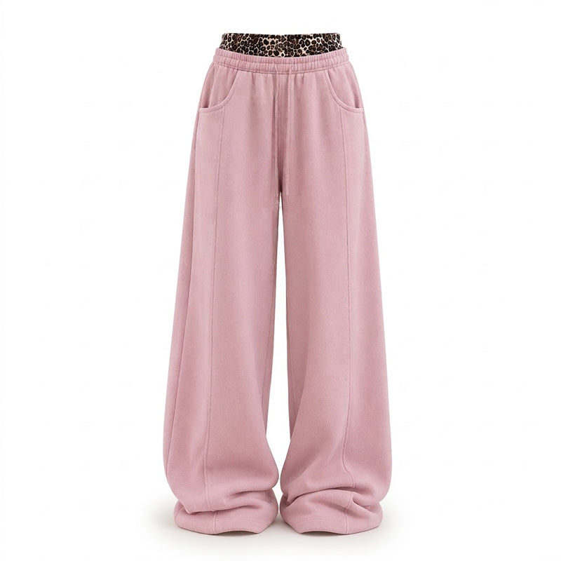 🐆Women’s Contrast Leopard Waistband Wide Leg Sweatpants, Soft Casual Patchwork Trousers👖