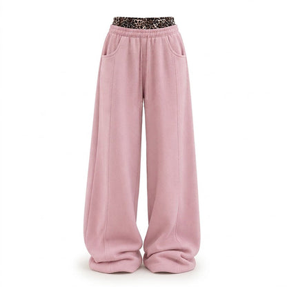 🐆Women’s Contrast Leopard Waistband Wide Leg Sweatpants, Soft Casual Patchwork Trousers👖
