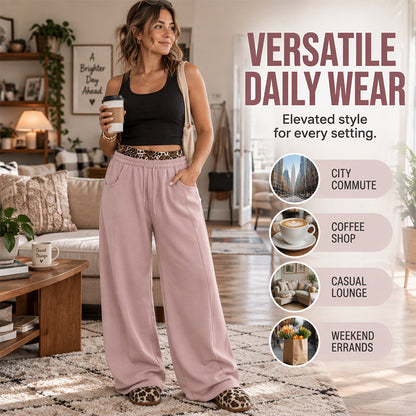 🐆Women’s Contrast Leopard Waistband Wide Leg Sweatpants, Soft Casual Patchwork Trousers👖