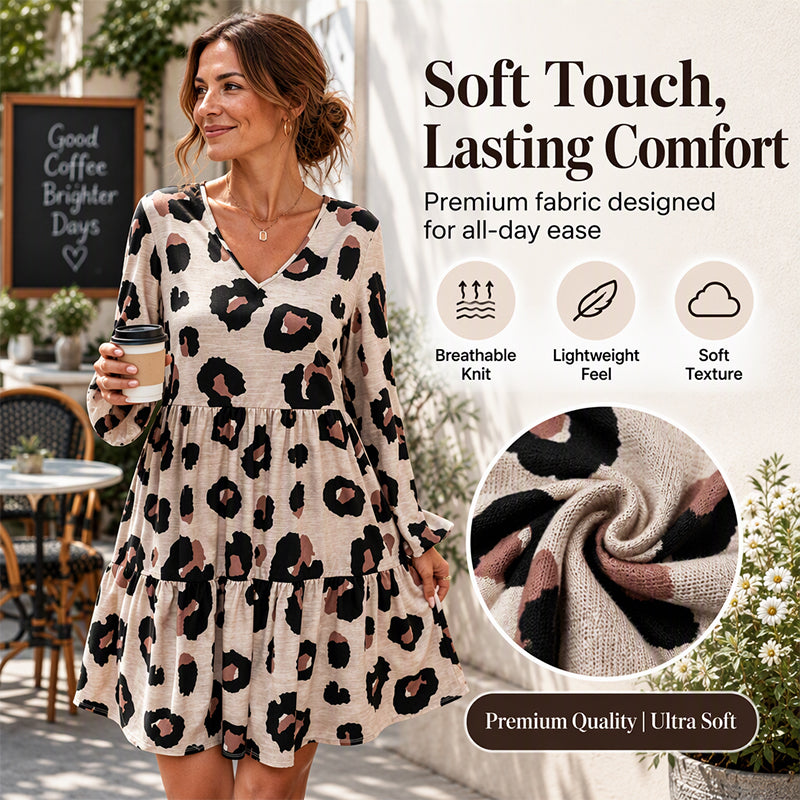Women's Leopard Print V-Neck Long Sleeve Dress