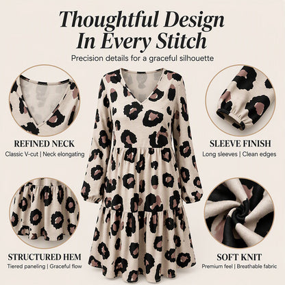 Women's Leopard Print V-Neck Long Sleeve Dress