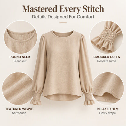 Women's Elegant Crewneck Smocked Cuff Top