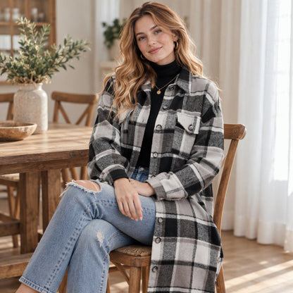 Women's Casual Plaid Side Slit Long Shacket