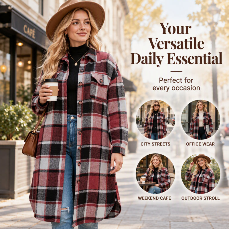 Women's Casual Plaid Side Slit Long Shacket