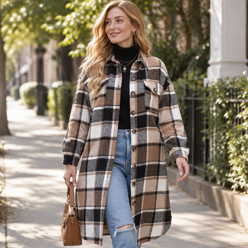 Women's Casual Plaid Side Slit Long Shacket