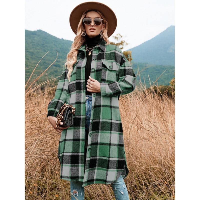 Women's Casual Plaid Side Slit Long Shacket