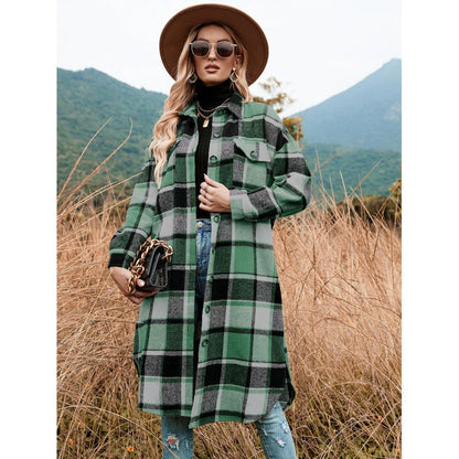 Women's Casual Plaid Side Slit Long Shacket