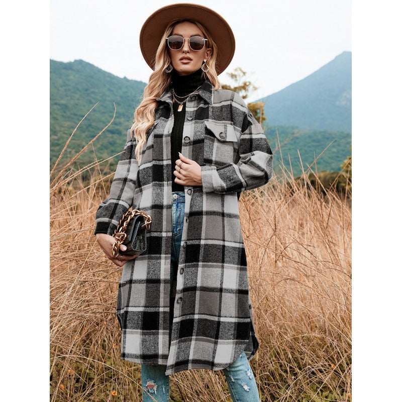Women's Casual Plaid Side Slit Long Shacket