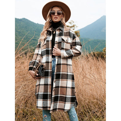 Women's Casual Plaid Side Slit Long Shacket
