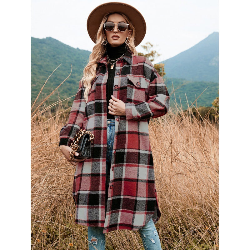 Women's Casual Plaid Side Slit Long Shacket