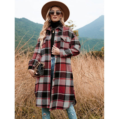 Women's Casual Plaid Side Slit Long Shacket