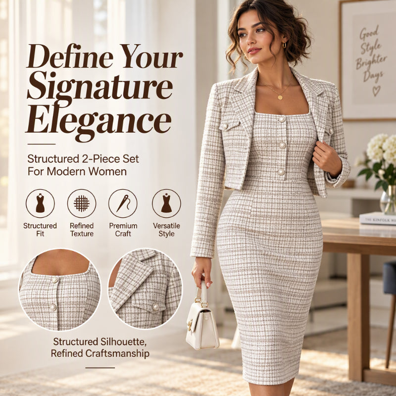 🎀 Elegant Cropped Jacket & Slim Dress Set – Feminine Fit & Versatile Styling