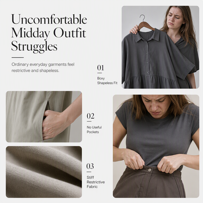 Elegant Women Cotton Linen Solid Color Shirt Dress with Turn Down Collar Elastic Waist and Flared Swing Hem