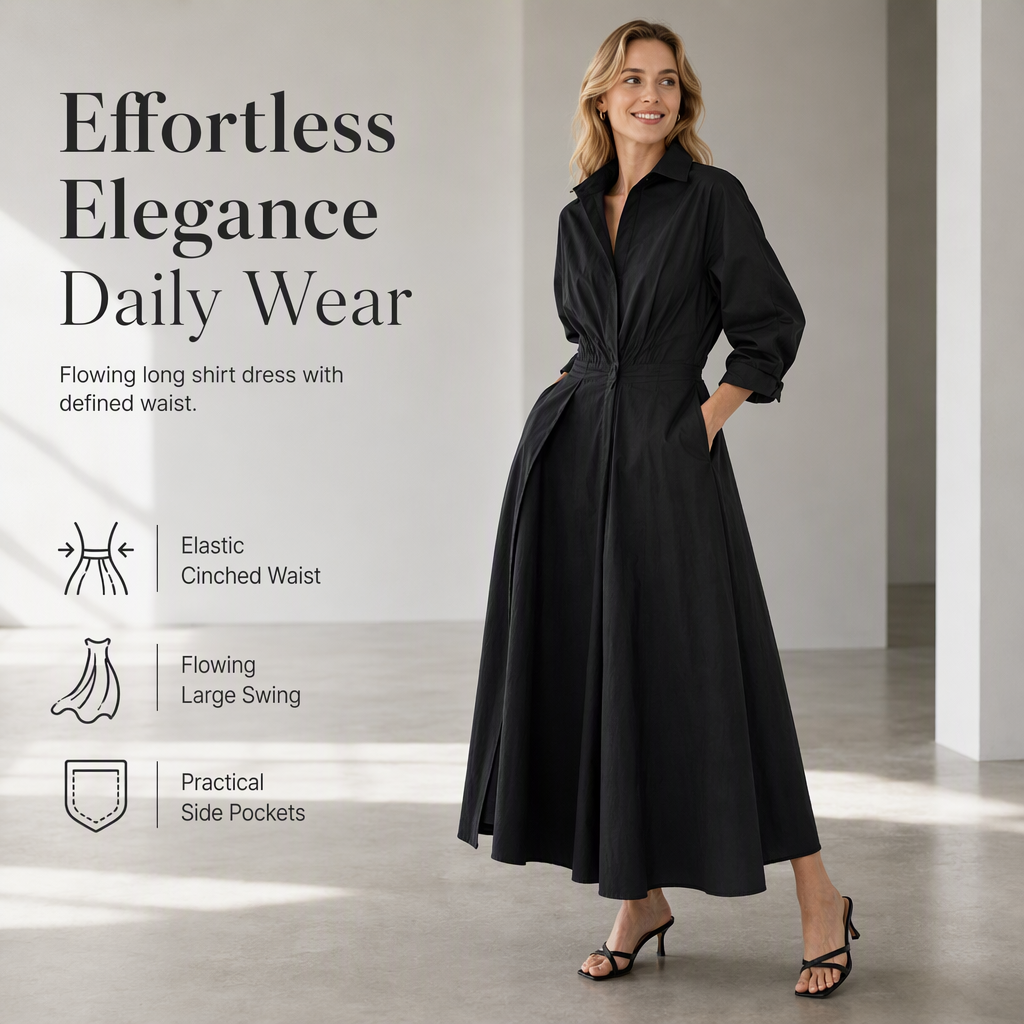 Elegant Women Cotton Linen Solid Color Shirt Dress with Turn Down Collar Elastic Waist and Flared Swing Hem