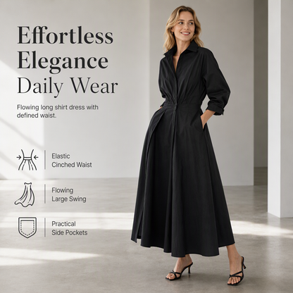 Elegant Women Cotton Linen Solid Color Shirt Dress with Turn Down Collar Elastic Waist and Flared Swing Hem