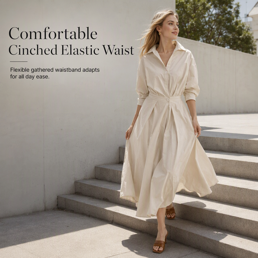 Elegant Women Cotton Linen Solid Color Shirt Dress with Turn Down Collar Elastic Waist and Flared Swing Hem
