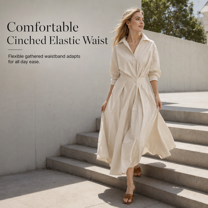 Elegant Women Cotton Linen Solid Color Shirt Dress with Turn Down Collar Elastic Waist and Flared Swing Hem