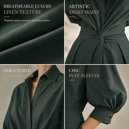 Elegant Women Cotton Linen Solid Color Shirt Dress with Turn Down Collar Elastic Waist and Flared Swing Hem