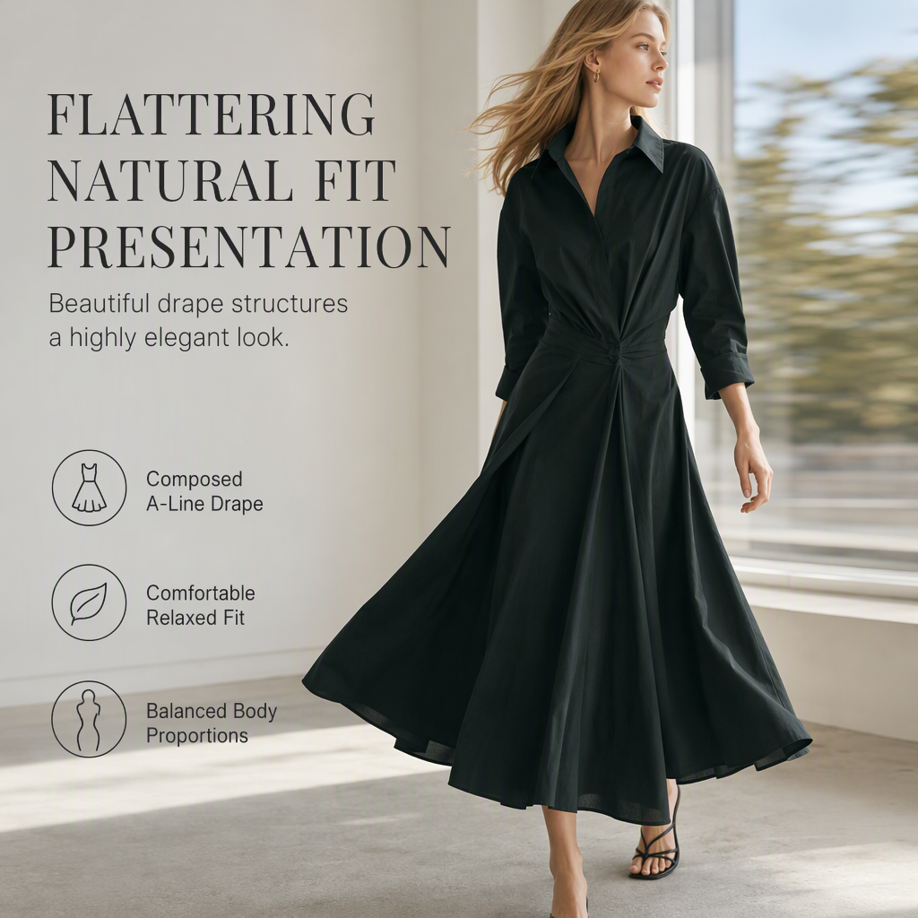 Elegant Women Cotton Linen Solid Color Shirt Dress with Turn Down Collar Elastic Waist and Flared Swing Hem