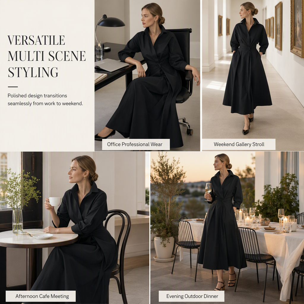 Elegant Women Cotton Linen Solid Color Shirt Dress with Turn Down Collar Elastic Waist and Flared Swing Hem