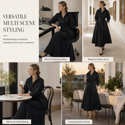 Elegant Women Cotton Linen Solid Color Shirt Dress with Turn Down Collar Elastic Waist and Flared Swing Hem