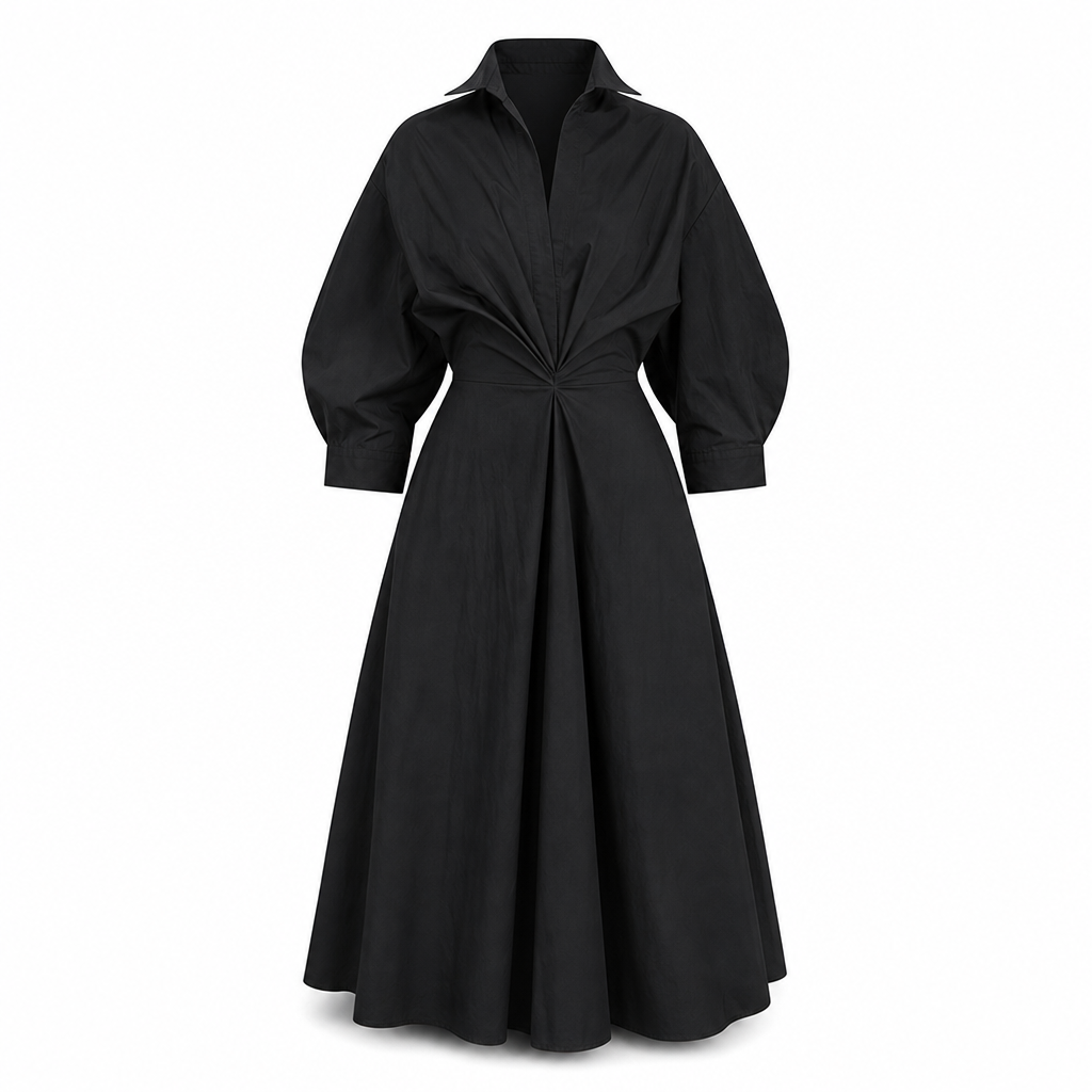 Elegant Women Cotton Linen Solid Color Shirt Dress with Turn Down Collar Elastic Waist and Flared Swing Hem