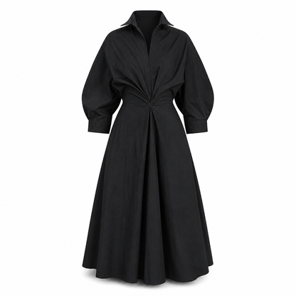 Elegant Women Cotton Linen Solid Color Shirt Dress with Turn Down Collar Elastic Waist and Flared Swing Hem