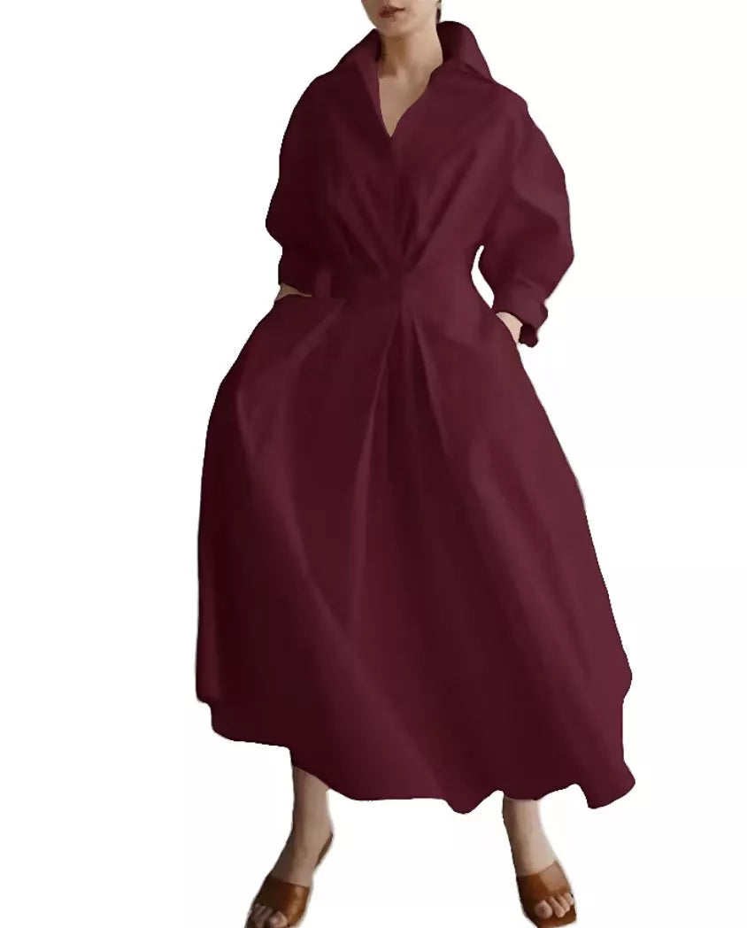 Elegant Women Cotton Linen Solid Color Shirt Dress with Turn Down Collar Elastic Waist and Flared Swing Hem