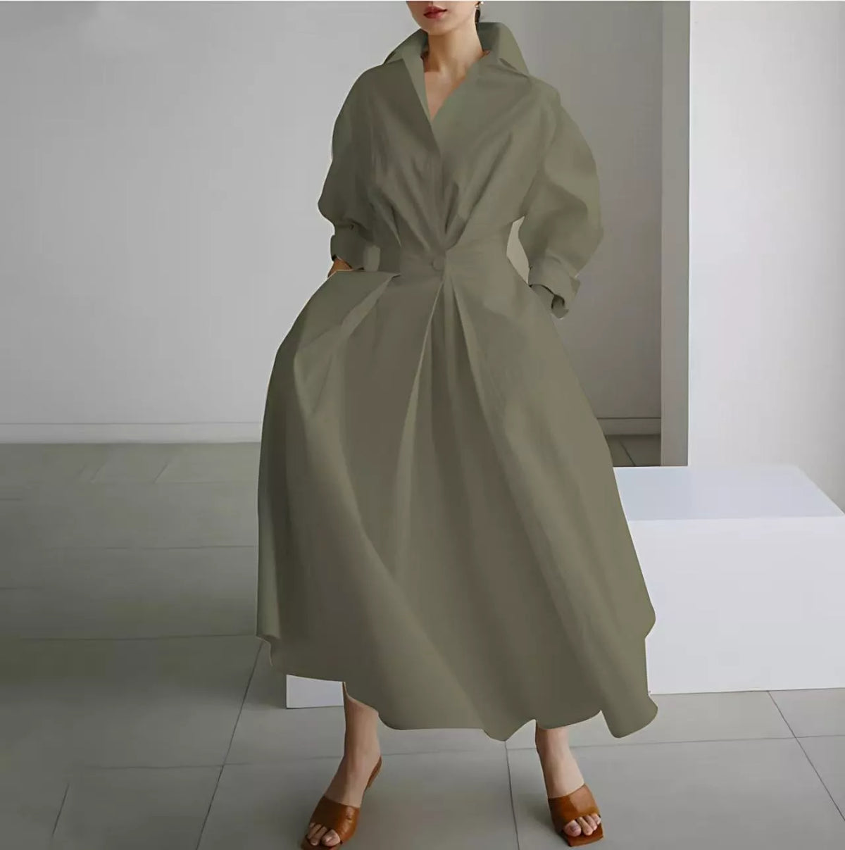 Elegant Women Cotton Linen Solid Color Shirt Dress with Turn Down Collar Elastic Waist and Flared Swing Hem