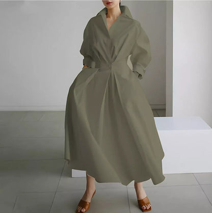 Elegant Women Cotton Linen Solid Color Shirt Dress with Turn Down Collar Elastic Waist and Flared Swing Hem