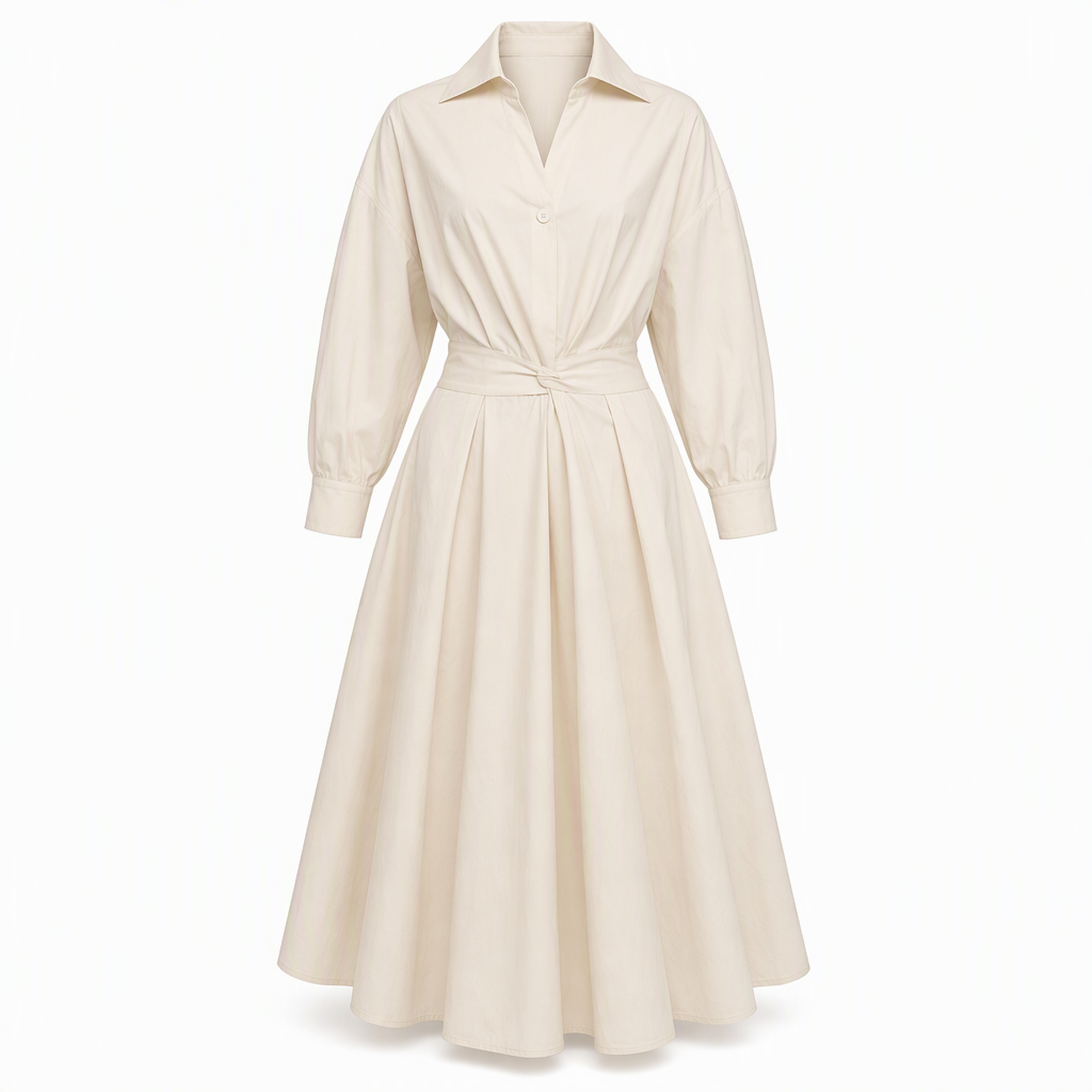 Elegant Women Cotton Linen Solid Color Shirt Dress with Turn Down Collar Elastic Waist and Flared Swing Hem