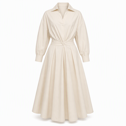 Elegant Women Cotton Linen Solid Color Shirt Dress with Turn Down Collar Elastic Waist and Flared Swing Hem
