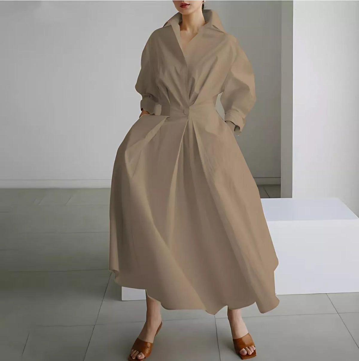 Elegant Women Cotton Linen Solid Color Shirt Dress with Turn Down Collar Elastic Waist and Flared Swing Hem