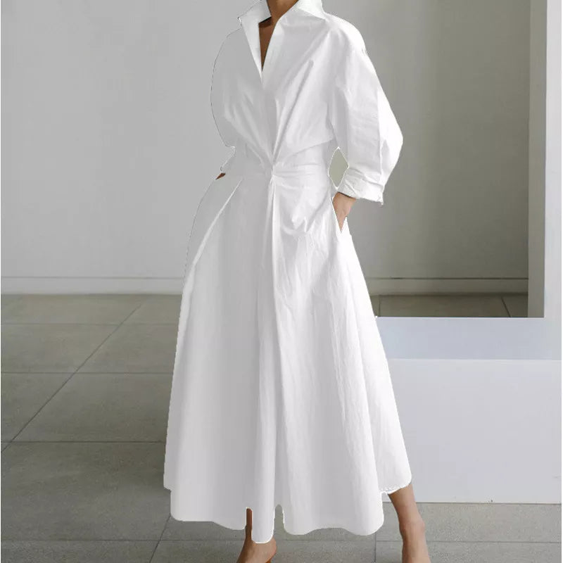 Elegant Women Cotton Linen Solid Color Shirt Dress with Turn Down Collar Elastic Waist and Flared Swing Hem