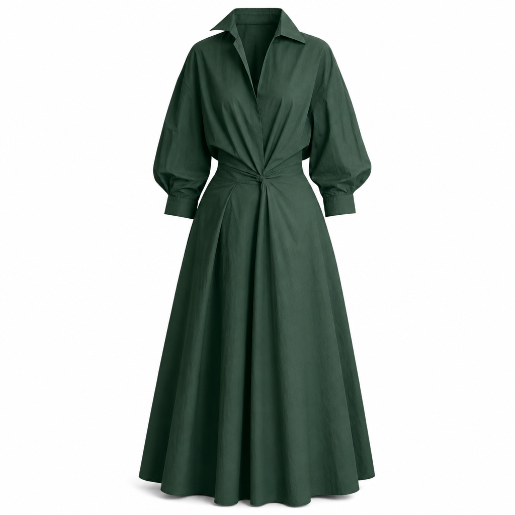 Elegant Women Cotton Linen Solid Color Shirt Dress with Turn Down Collar Elastic Waist and Flared Swing Hem