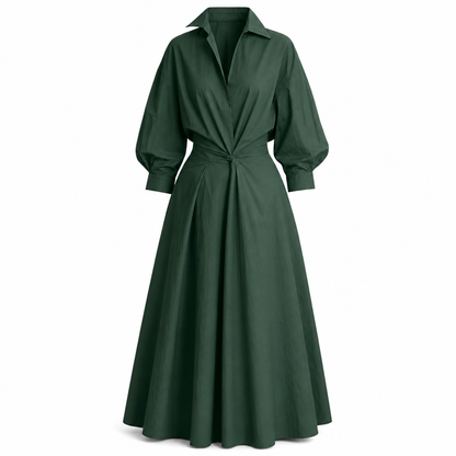 Elegant Women Cotton Linen Solid Color Shirt Dress with Turn Down Collar Elastic Waist and Flared Swing Hem