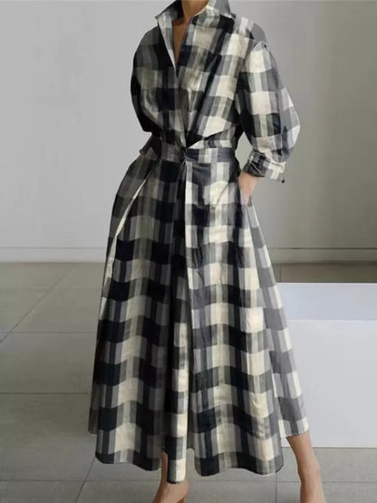 Elegant Women Cotton Linen Solid Color Shirt Dress with Turn Down Collar Elastic Waist and Flared Swing Hem