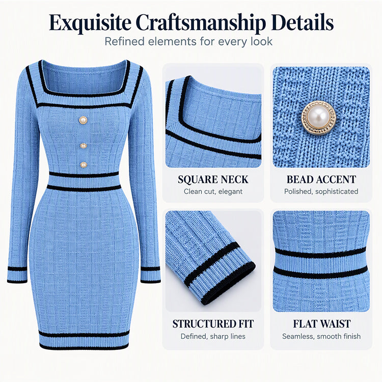 Women's Elegant Square Neck Knit Bodycon Dress