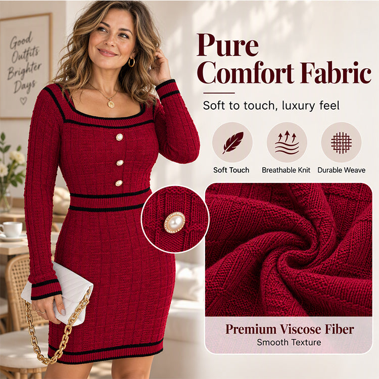Women's Elegant Square Neck Knit Bodycon Dress