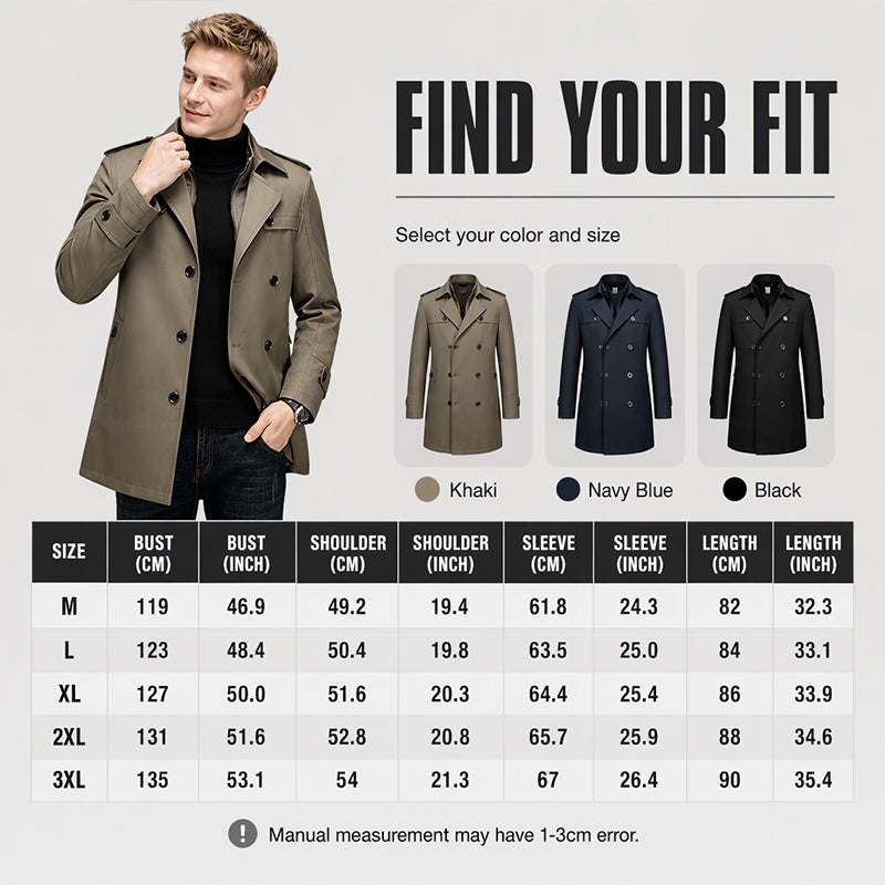 Men's Mid-Length Trench Coat with Detachable Liner