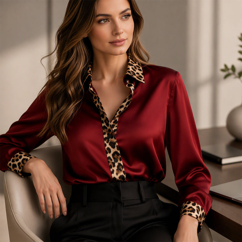 Women's Satin Leopard Patchwork Blouse