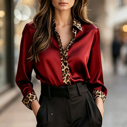 Women's Satin Leopard Patchwork Blouse