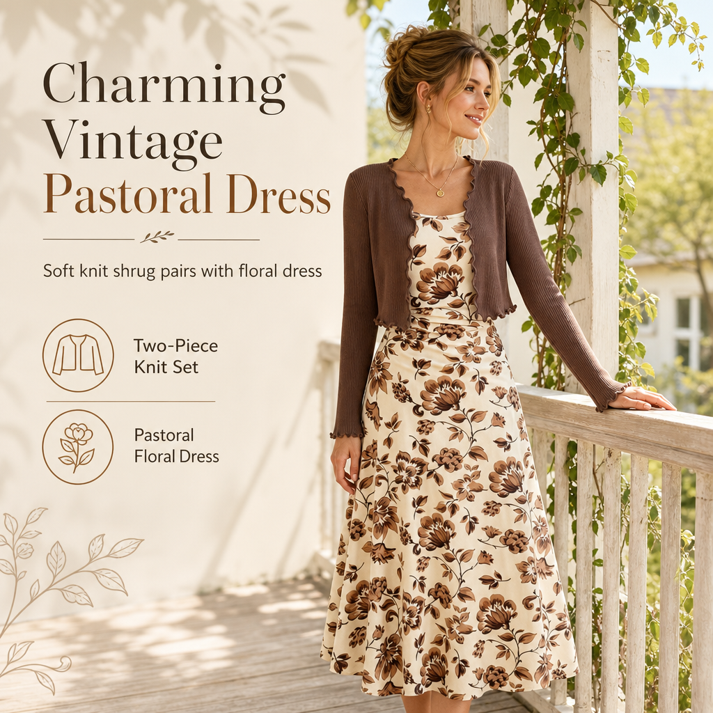Women's Vintage Floral Slip Dress and Cropped Ribbed Knit Cardigan 2-Piece Set