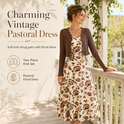Women's Vintage Floral Slip Dress and Cropped Ribbed Knit Cardigan 2-Piece Set