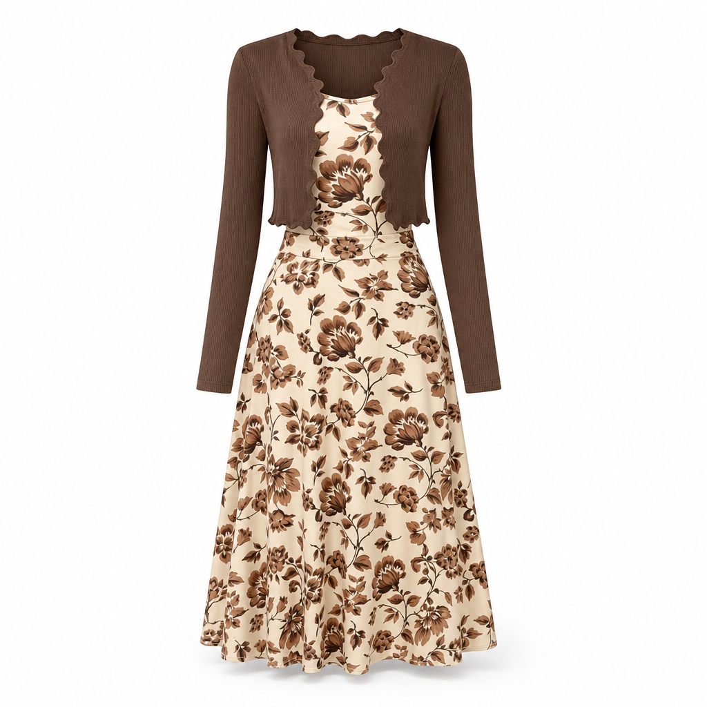 Women's Vintage Floral Slip Dress and Cropped Ribbed Knit Cardigan 2-Piece Set