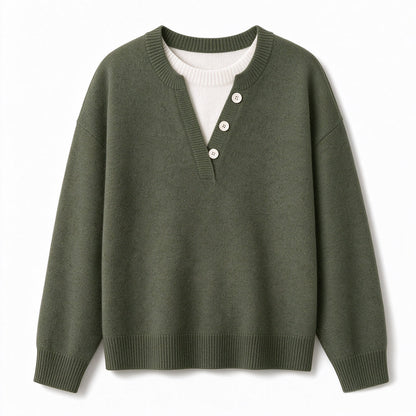 Casual Mock Two Piece V Neck Knit Sweater with Button Details