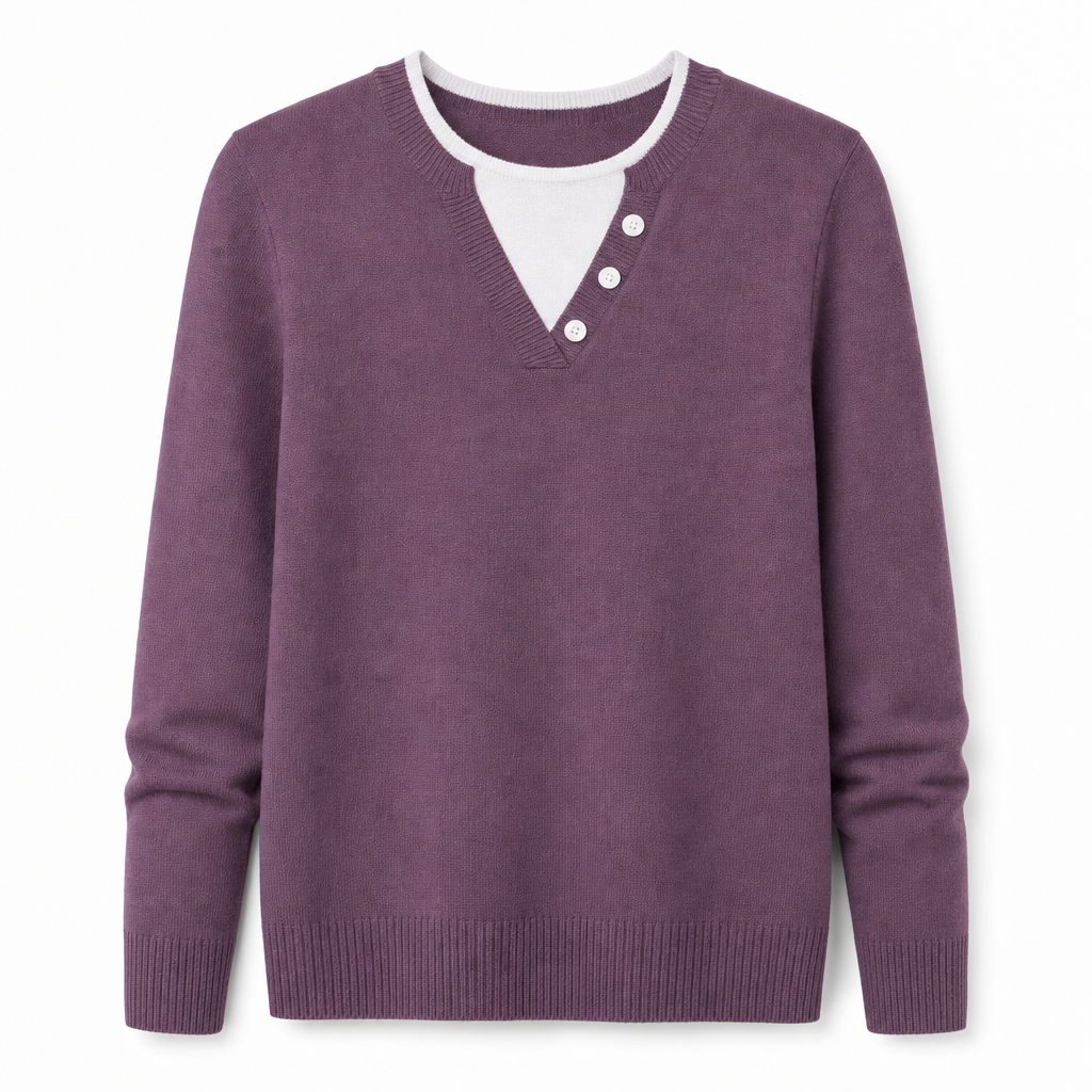 Casual Mock Two Piece V Neck Knit Sweater with Button Details