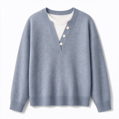 Casual Mock Two Piece V Neck Knit Sweater with Button Details
