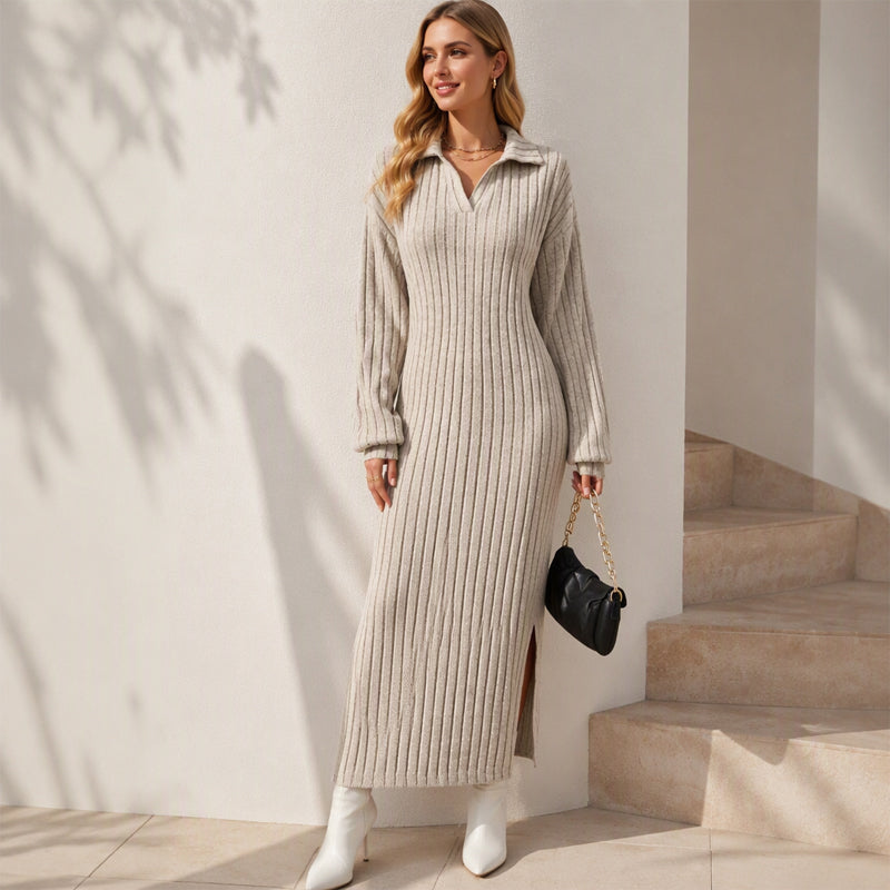 Women's Ribbed Knit Collared Slit Maxi Dress