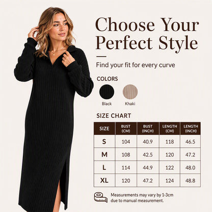 Women's Ribbed Knit Collared Slit Maxi Dress